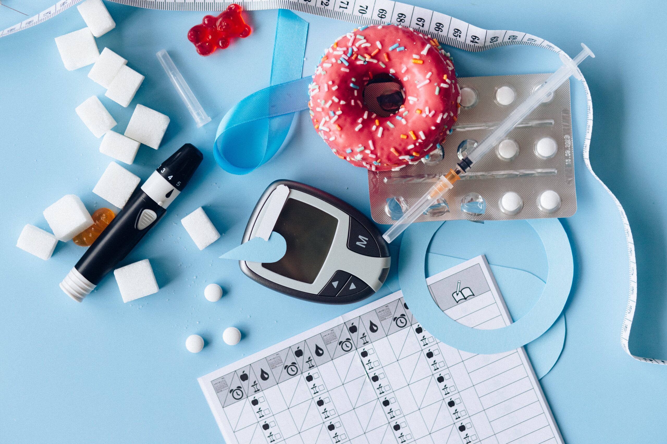 blood sugar meter, medication, and sweets