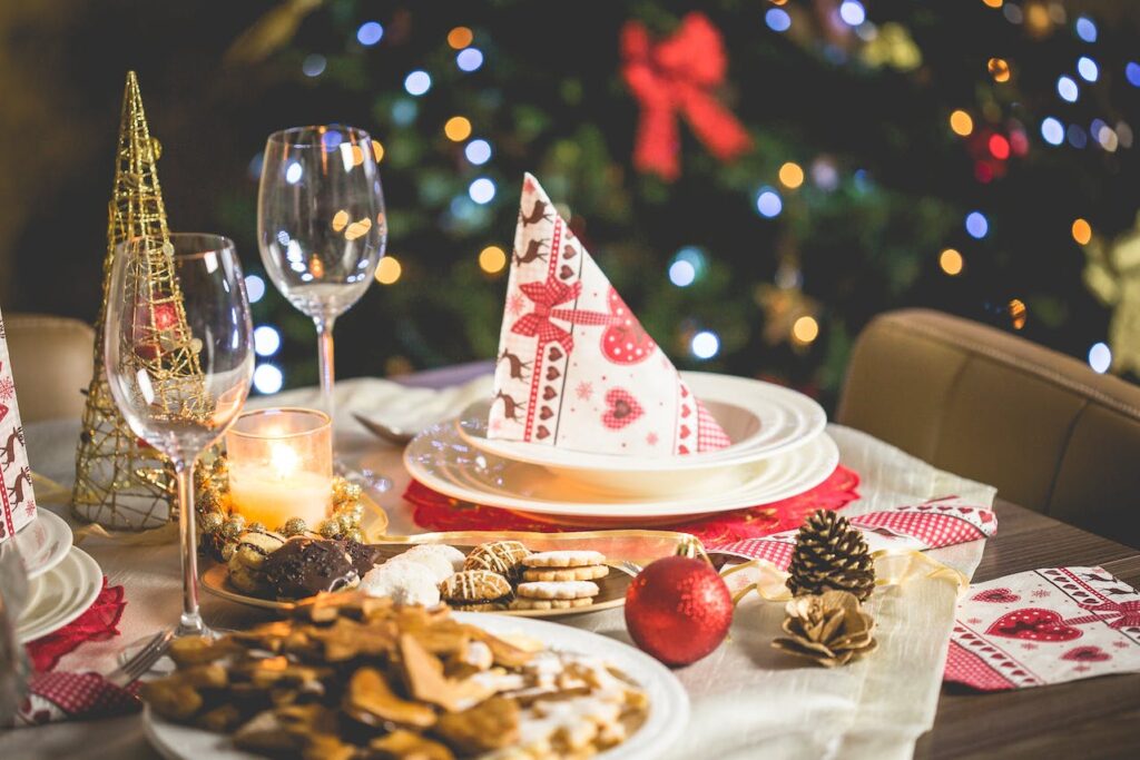 cookies and holiday decorations on a table